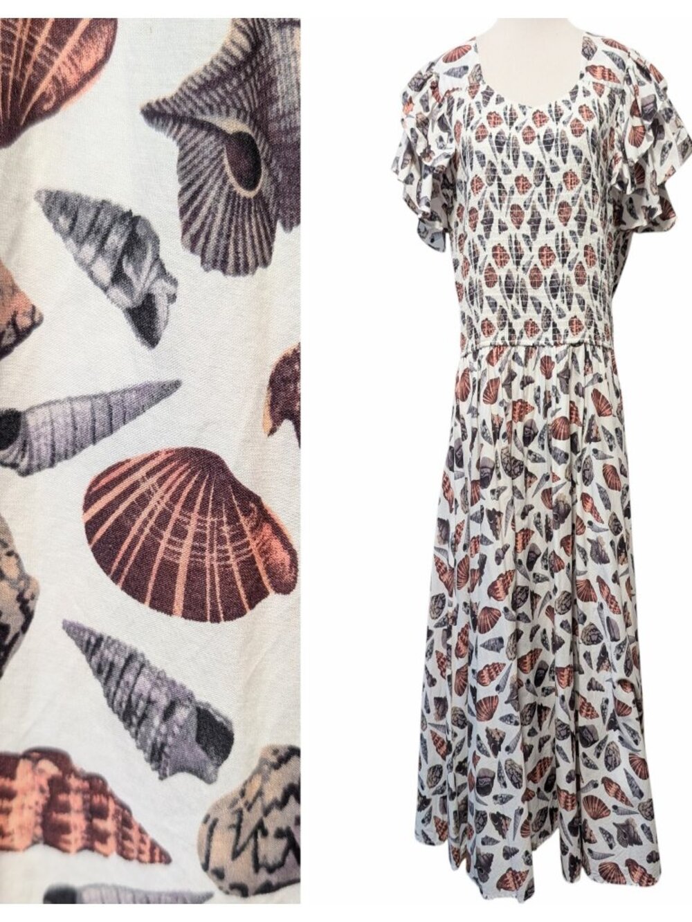 Ivy City Co Womens Sz 1X Hattie Seashells Smocked Flutter Sleeves Pockets Dress